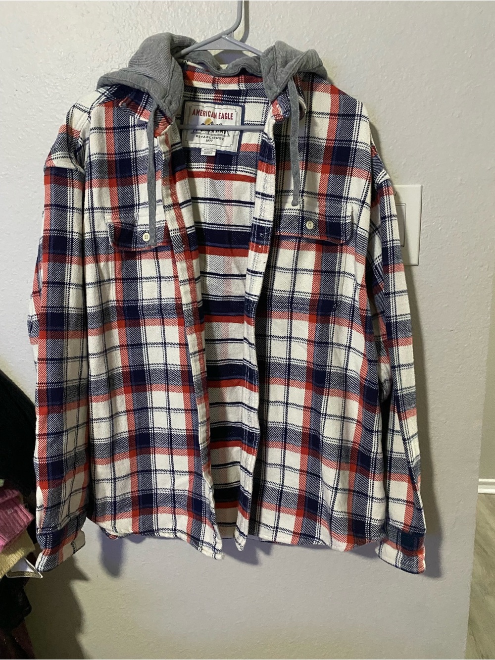 American Eagle Outfitters Men’s Red, Navy & White Plaid Hooded Flannel Shirt